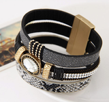 Gem Rhinestone and Snake Leather Bangles Bracelet