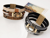 Gem Rhinestone and Snake Leather Bangles Bracelet