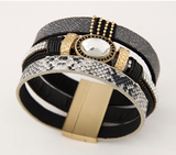 Gem Rhinestone and Snake Leather Bangles Bracelet