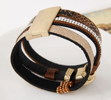 Gem Rhinestone and Snake Leather Bangles Bracelet