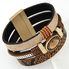 Gem Rhinestone and Snake Leather Bangles Bracelet