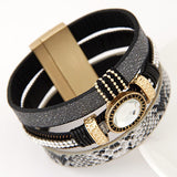 Gem Rhinestone and Snake Leather Bangles Bracelet