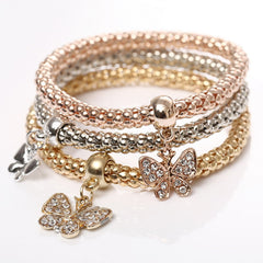 Gold Silver and Rose Gold Crystal Charm Bracelet - 3 Piece Set