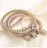 Gold Silver and Rose Gold Crystal Charm Bracelet - 3 Piece Set