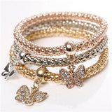 Gold Silver and Rose Gold Crystal Charm Bracelet - 3 Piece Set