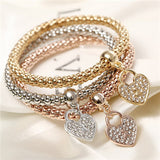 Gold Silver and Rose Gold Crystal Charm Bracelet - 3 Piece Set