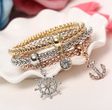 Gold Silver and Rose Gold Crystal Charm Bracelet - 3 Piece Set