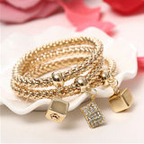 Gold Silver and Rose Gold Crystal Charm Bracelet - 3 Piece Set