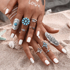 Blue Stone Bohemian Ring Set 9PCS